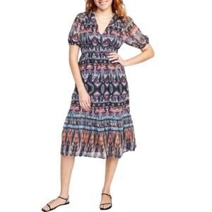 OLD NAVY Chiffon Waist-Defined V-Neck Midi Navy Blue Print Dress Women’s Size L